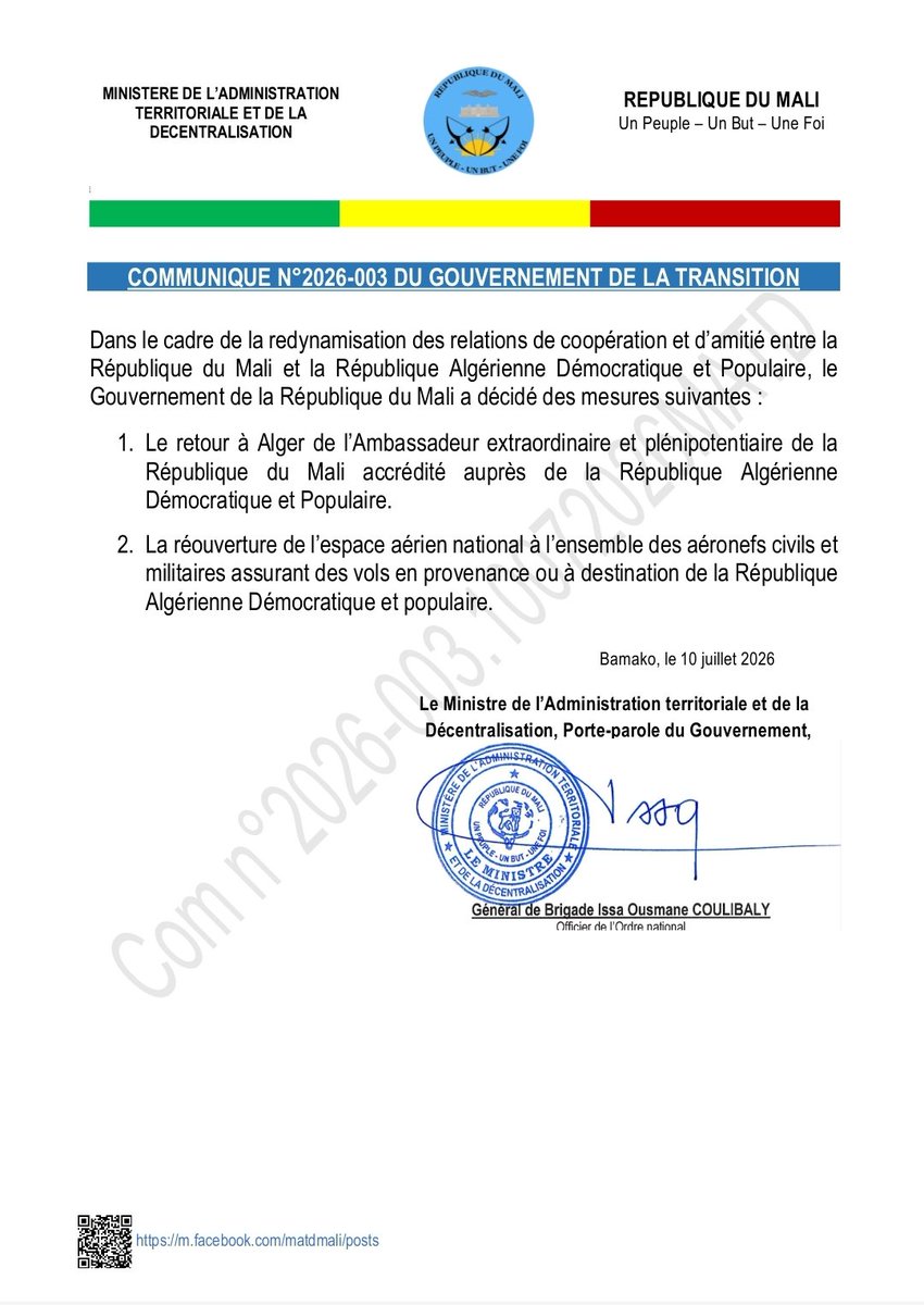 MaliMaeci's tweet photo. Communiqué N°2026-003 du Gouvernement de la Transition relatif à la dynamisation des relations de coopération et d’amitié entre la République du Mali et la République Algérienne Démocratique et Populaire.

Bureau de l’Information et de la Presse/MAECI. https://t.co/0dVkxY1hJo