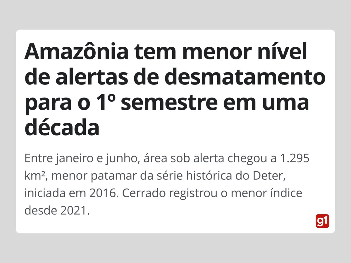 LulaOficial's tweet photo. Menor nível de alertas de desmatamento na Amazônia para o primeiro semestre nos últimos 10 anos. Queda também nos alertas no Cerrado, com menor índice desde 2021. É o que mostram os dados do DETER, divulgados nesta sexta-feira pelo INPE.

O Governo Federal retomou nos últimos anos as políticas de fiscalização e preservação ambiental, e intensificou a cooperação com estados e municípios para o combate ao desmatamento. Nossa meta é atingir o desmatamento ilegal zero em 2030.