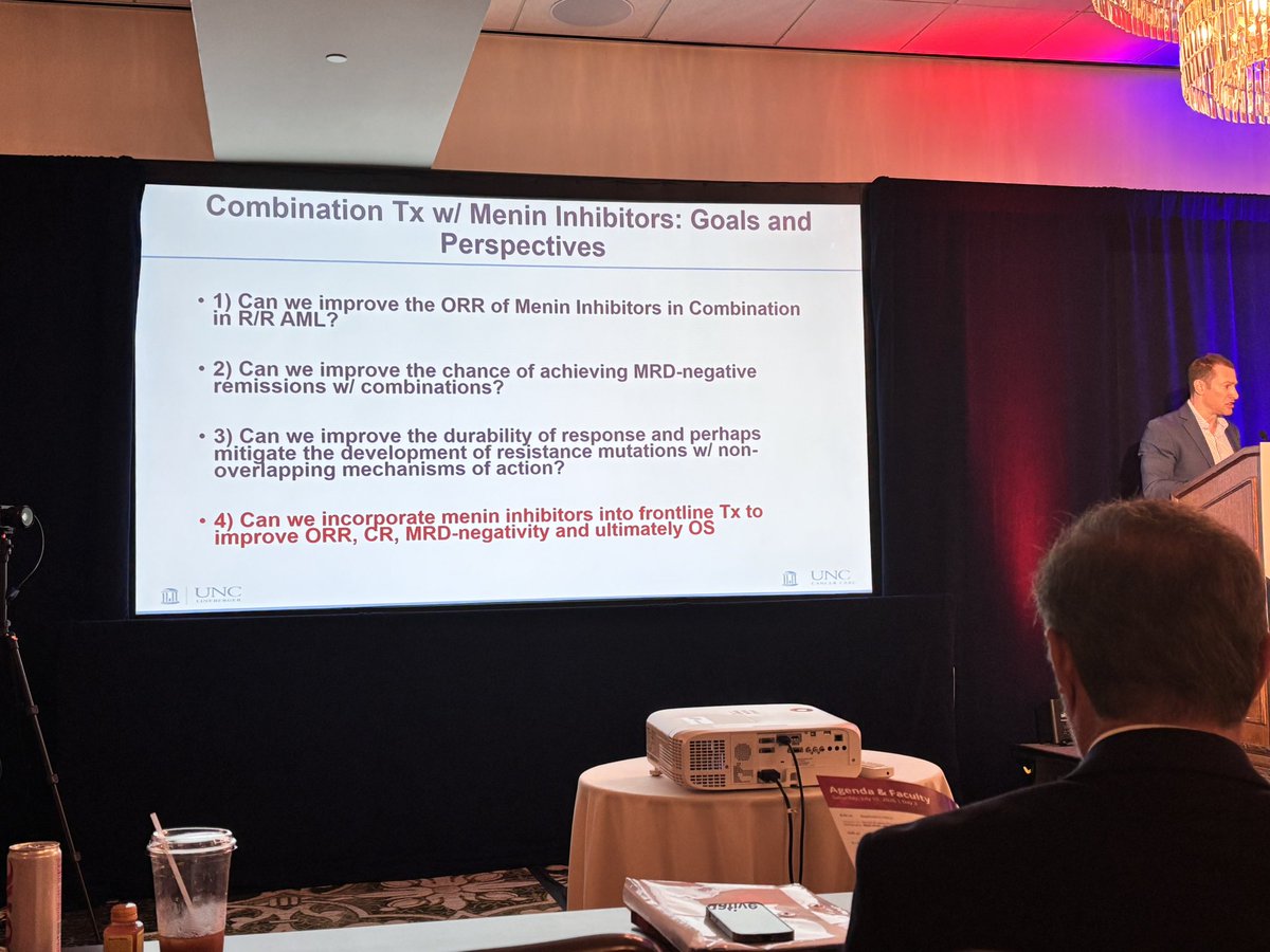 DPetersMD's tweet photo. One of the many great talks at @_MDEducation  AML-ALL focus group. @LeukDocJZ  of @UNC_Lineberger showing continued, impressive results of Menin-I 💊in NPM1 and KMT2Ar AML and emphasis on frontline combos. Tip of the iceberg!🧊 #leusm https://t.co/GMbx7Avnxi