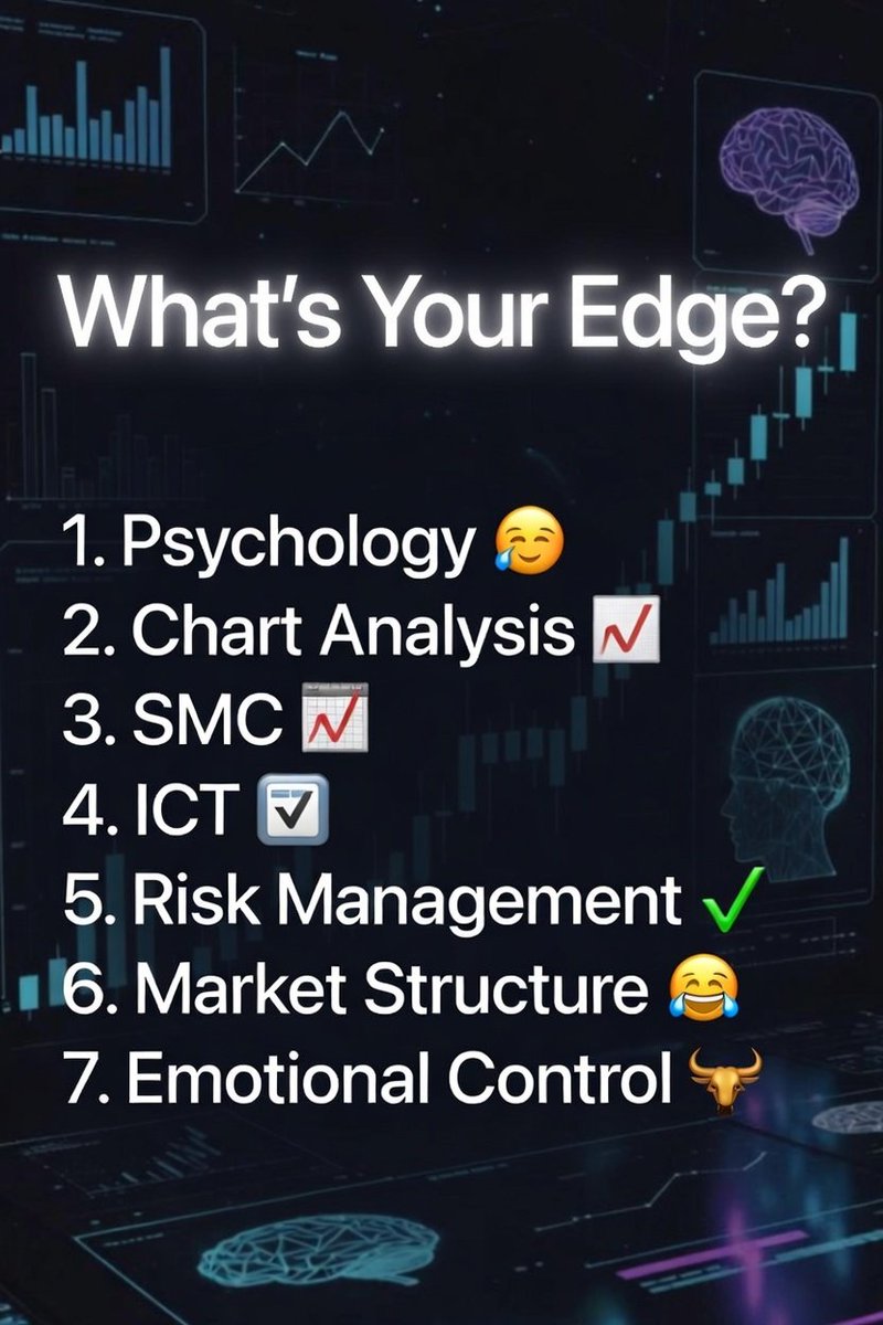 SoulFromEp's tweet photo. If YOU A TRADER...TELL ME
WHAT'S Your Edge.
Psychology 💎
Chart Analysis 📊
SMC 💰
ICT 🧠
Risk Management 🛡️
Market Structure 🔍
Emotional Control 🔥
Liquidity 💰
#BTC #ETH #SOL #HYPE #ZEC #PENGUIN #PEPE #DOGE #SOLmemes #SolEcoSystem
#SolCommunity #VIRTUL https://t.co/qerinNp7ys