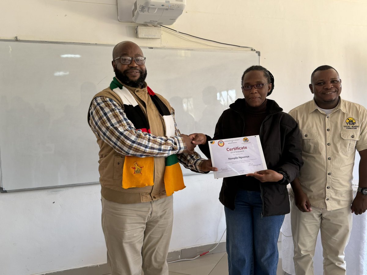 MishMugadza's tweet photo. It was my distinct privilege to grace the Young Miners Foundation Workshop at the Manicaland State University of Applied Sciences today, in the company of Government institutions, development partners, academia and other stakeholders.

The workshop focused on equipping participants with knowledge on value addition and beneficiation, mining formalisation, financial discipline, and safe mining practices. A total of  90 young miners from across Zimbabwe benefited from the workshop and received certificates.

I applaud His Excellency the President, Cde Dr E.D. Mnangagwa for his visionary leadership that continues to open doors for young Zimbabweans in the mining economy. Under his philosophy of “Nyika Inovakwa Nevene Vayo”, Government has placed youth at the centre of development. His call to "Leave No One and No Place Behind" compels us to ensure Manicaland’s young miners are leaders, not spectators. The future of our minerals is in your hands.

For too long mining was informal: dig today, sell tomorrow, and have nothing to show. That must end. Vision 2030 targets a $12 billion mining industry, and young people must lead it. I challenged the young miners to take a leading role in driving Zimbabwe’s economic development through responsible and sustainable mining.

To achieve this, we must formalize. Register your claims and companies to access finance, markets, and legal protection. Keep proper books, pay taxes, and reinvest profits. Mine like a CEO, not a gambler. Join cooperatives.

No profit is worth a life. I call for Zero Harm in Manicaland. Use PPE, safe chemicals, and rehabilitate mining sites. Practice financial discipline. Money from gold must build the future. Build assets.

Government, through the Ministry of Mines and my Office, commits to youth formalization, training, market linkages, and fighting illegal dealers.

Young miners, you are not the problem. You are the solution. Let us talk business. Keep focused. “Usabvise maziso pabhora”Discipline today = Prosperity tomorrow.

#NyikaInovakwaNeveneVayo #Vision2030 #Manicaland #YouthInMining