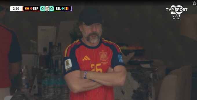 anaserhall's tweet photo. Huevos de oro star Javier Bardem stuns in Borja Iglesias jersey at the Spain versus Belgium World Cup quarter-final match. https://t.co/OSSqEsxnxc
