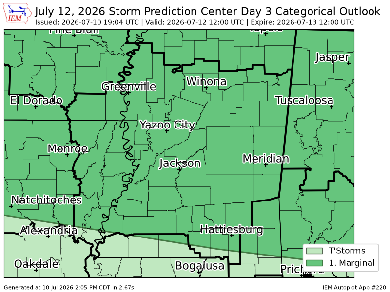 ArkLaMissWX's tweet photo. #SPC issues Day 3 Marginal Convective Risk at Jul 10, 19:04z for JAN https://t.co/2D0i0rEMRi https://t.co/4OpqAUWOA5