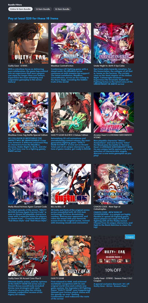 Wario64's tweet photo. GUILTY GEAR Xrd REV 2 Deluxe Edition (Steam) w/ 10 more games is $20 on Humble Arc System Works Evo Bundle https://t.co/4UIkIR1OCK #ad 

also in $10 tier https://t.co/1tV5M0imj3