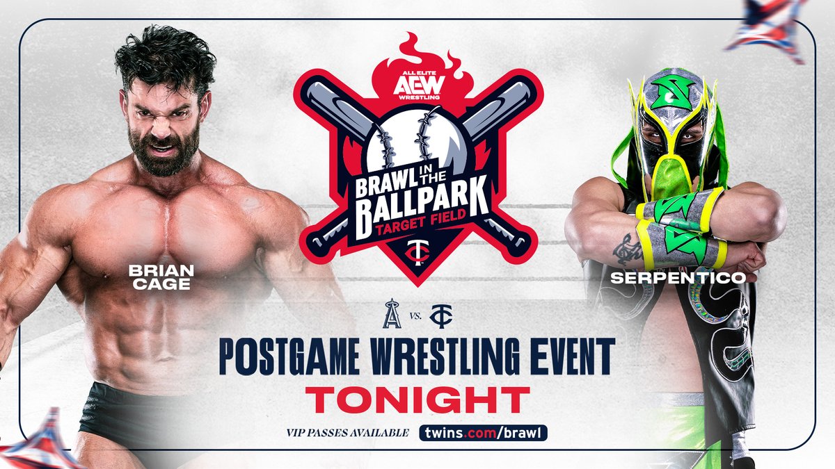 TheDrainmaker's tweet photo. BRAWL IN THE BALLPARK MATCHES ANNOUNCED FOR TONIGHT:

• Hurt Syndicate vs STP
• Hyan vs Julia Hart
• Serpentico vs Brian Cage
• Komander & Top Flight vs Anthony Bowens/Action Andretti/HOOK

You can watch these matches live at Target Field tonight if you're attending the Twins/Angels game.
