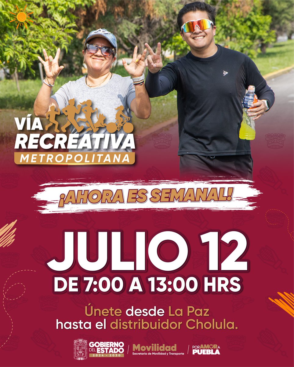 MTGobPue's tweet photo. ¡Comenzó una nueva edición de la Vía Recreativa Metropolitana! 🏃‍♀️🚴‍♂️🚴‍♀️

Hoy las calles se transforman en un punto de encuentro para promover la movilidad activa, la convivencia familiar y hábitos saludables.

Aún estás a tiempo de sumarte. ¡Te esperamos!

#PorAmorAPuebla https://t.co/JspFsCotiy