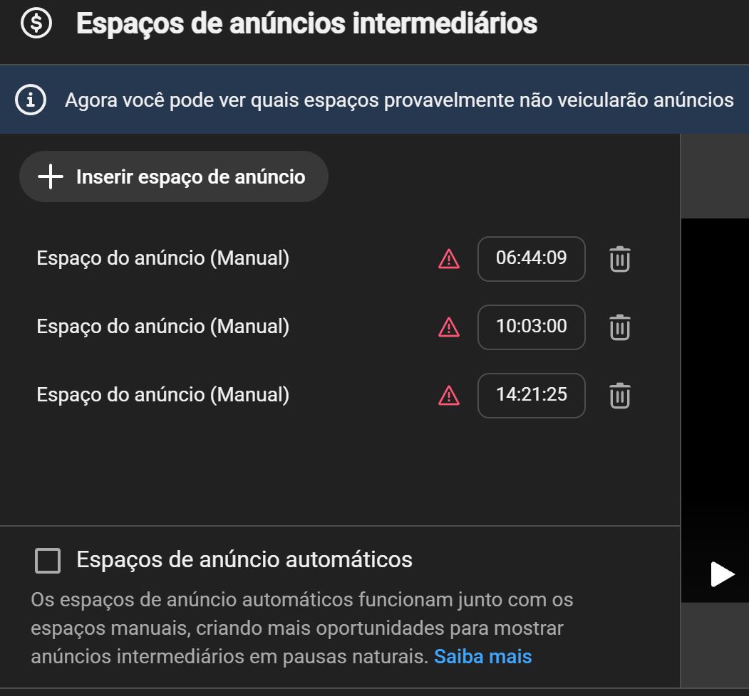 ikessauro's tweet photo. @YTCriadores @YouTubeBrasil @YouTubeCreators @YouTube E nos ads configurados manualmente ainda diz que não é um local ideal para anúncio e ficou assim. Entendo que no futuro preciso planejar melhor pausas no conteúdo para permitir que o ad não cause interrupção. Mas esses alertas horrorosos no YT Studio são inaceitáveis. https://t.co/DJkmrdmmYV