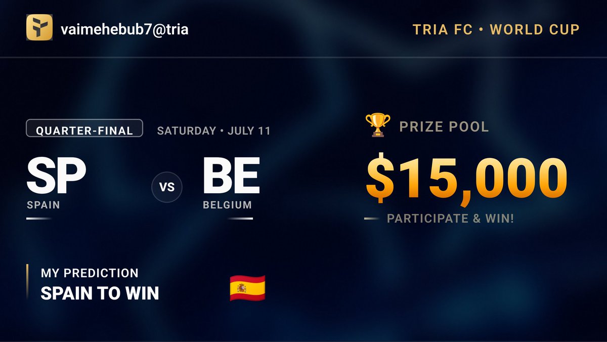 MehebubV171's tweet photo. My World Cup card is live on @useTria 🔥 Backing 🇪🇸 Spain TO WIN vs Belgium.

I'm racing for a $15K prize pool on Tria - every pick, swipe &amp; trade scores. Think you can read the World Cup better than me? 👇 #TriaFC
https://t.co/zShWCmpnjP https://t.co/UyGWCEIk3o