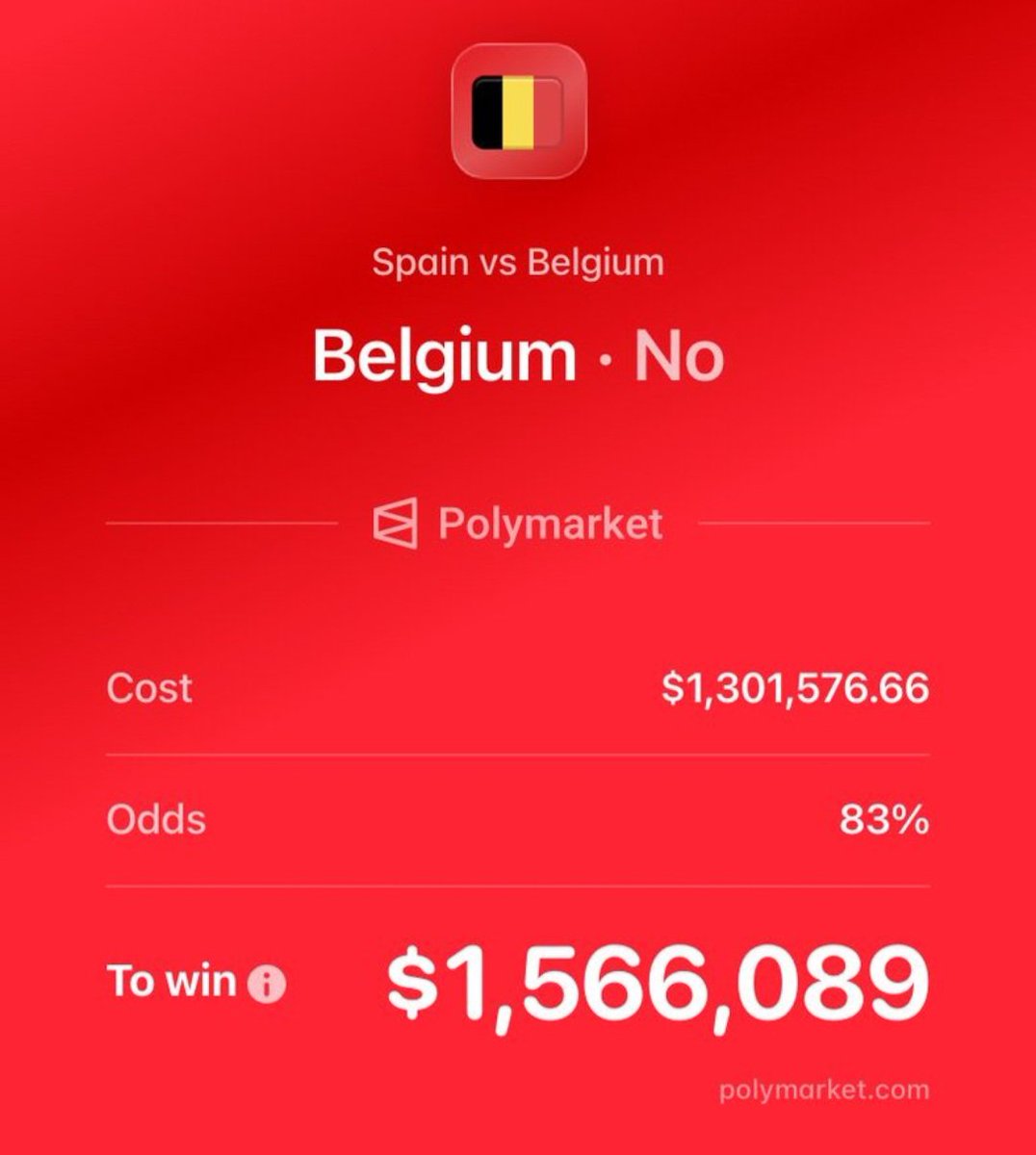 davudkarami's tweet photo. Someone put $1.3M on Belgium NOT to win their match vs Spain on @Polymarket
Is someone can win?🥶

#polymarket   #Spain #Belgium https://t.co/bmaVCWgNgZ
