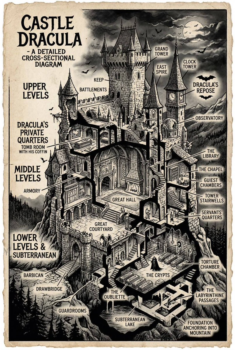 CountDraculaDB's tweet photo. Ever wondered what the inside of Castle Dracula looks like? 🧛‍♂️🏰

Amazing and  meticulously hand-inked this incredible cross-section map blending Bram Stoker’s 1897 novel with the real-world architecture of Romania’s Bran Castle.

(Art: Holly Carden) https://t.co/LXkoBsQnZW