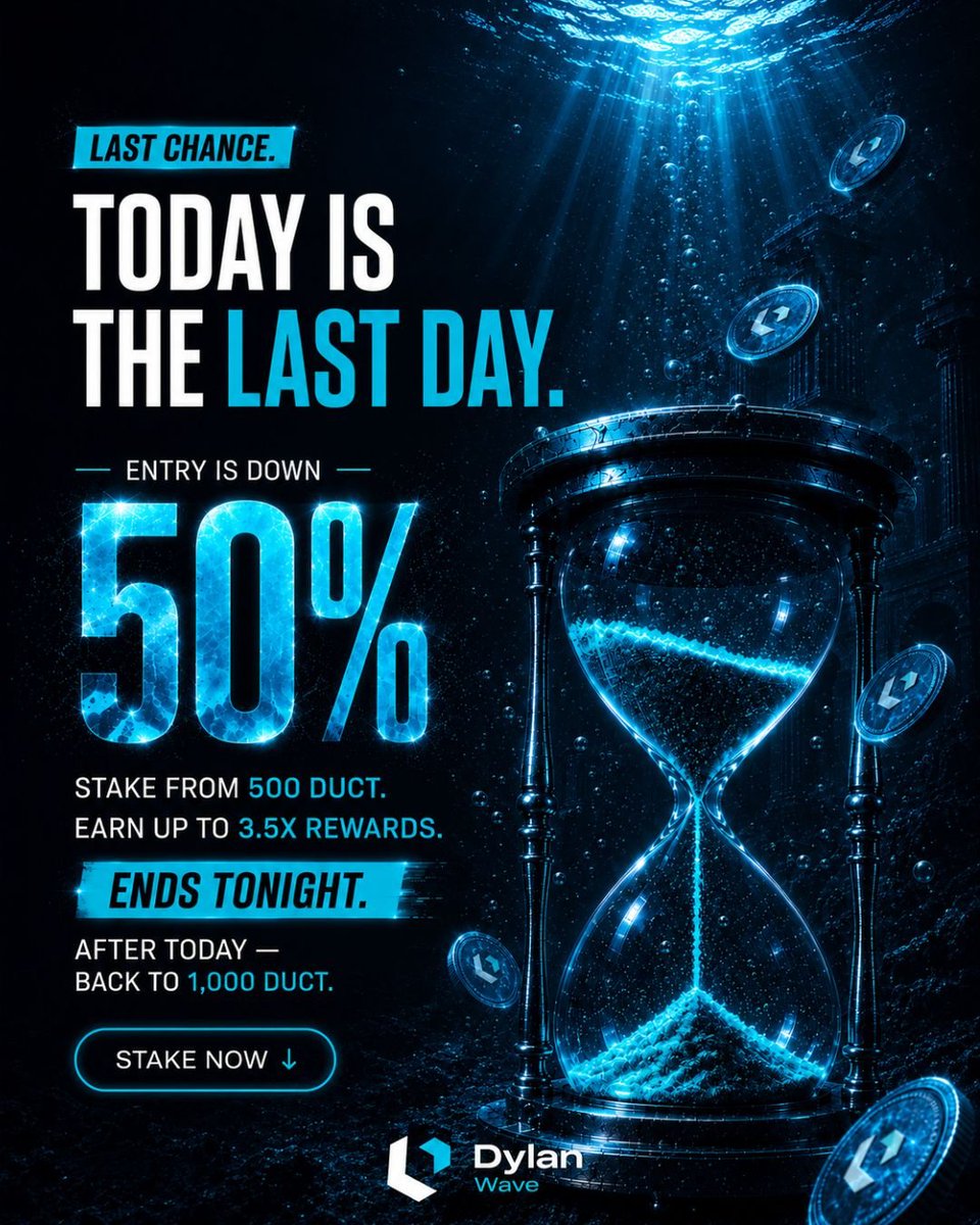 dylan_wave_'s tweet photo. Last chance. Ends tonight. ⏳

Stake from 500 DUCT — 50% lower entry.
Earn up to 3.5x rewards, paid daily.

After today it's back to 1,000 DUCT. No extensions.
🔗 https://t.co/ltj5p6yFxg

#DylanWave #DUCT #Staking https://t.co/vGmnhNrvO0