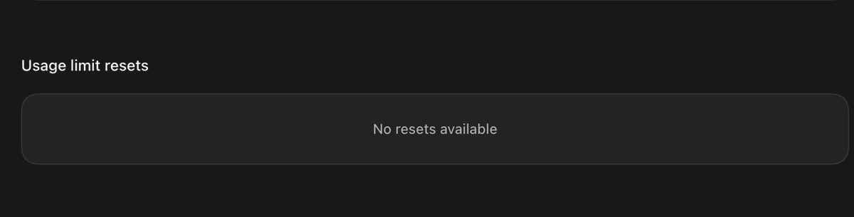 aliromman's tweet photo. @thsottiaux Don't have any usage limit resets. What's going on? I'm on the $20/m plan if that helps. https://t.co/1g85dcM06o