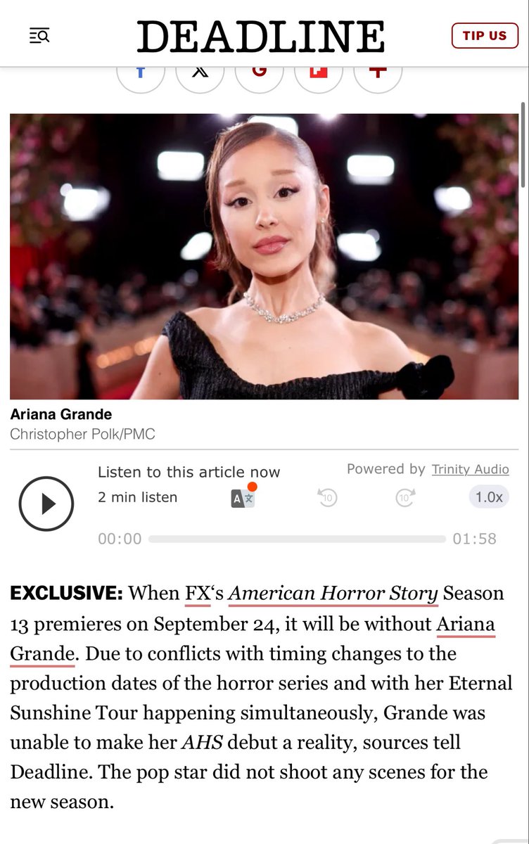 BabyDollGrande_'s tweet photo. D'après Deadline, Ariana Grande quitte la treizième saison d'American Horror Story, les dates de tournage étant incompatibles avec celles de sa tournée « Eternal Sunshine Tour ». https://t.co/qx3So8q2NP