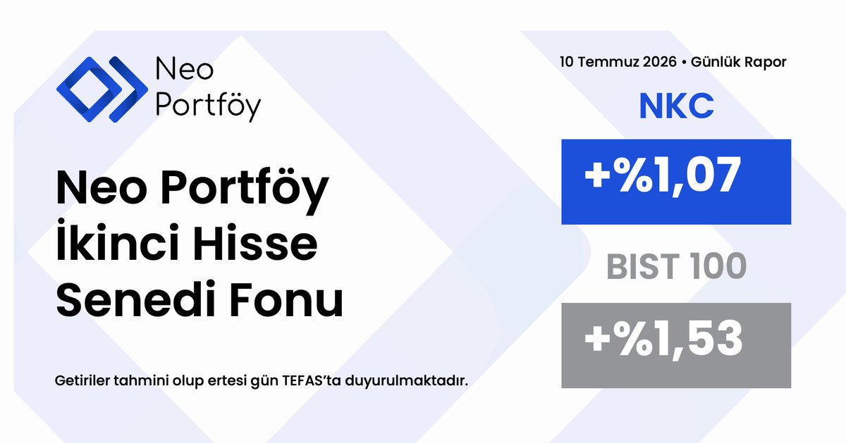 NKCNeoPortfoy's tweet photo. 10 Temmuz 2026 tarihli, kesin olmayan getiri oranlarımızı içeren günlük raporumuz:

📈 NKC: +%1,07
📊 BIST100: +%1,53 https://t.co/SNoXxUXgPv