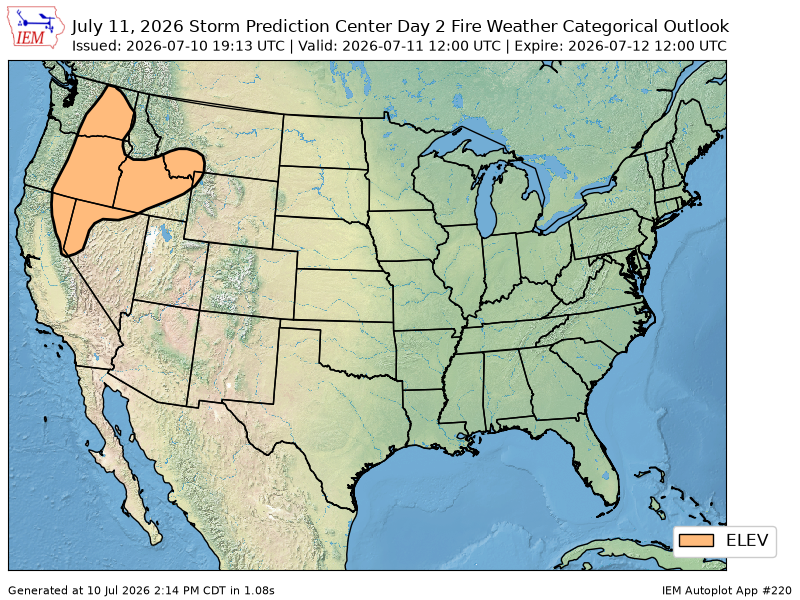 EmmanuelMwx's tweet photo. The Storm Prediction Center issues Day 2 Fire Weather Outlook (Max Risk: Elevated) at Jul 10, 19:13z https://t.co/Wf3m7lYmRv https://t.co/5PTdamOiGd