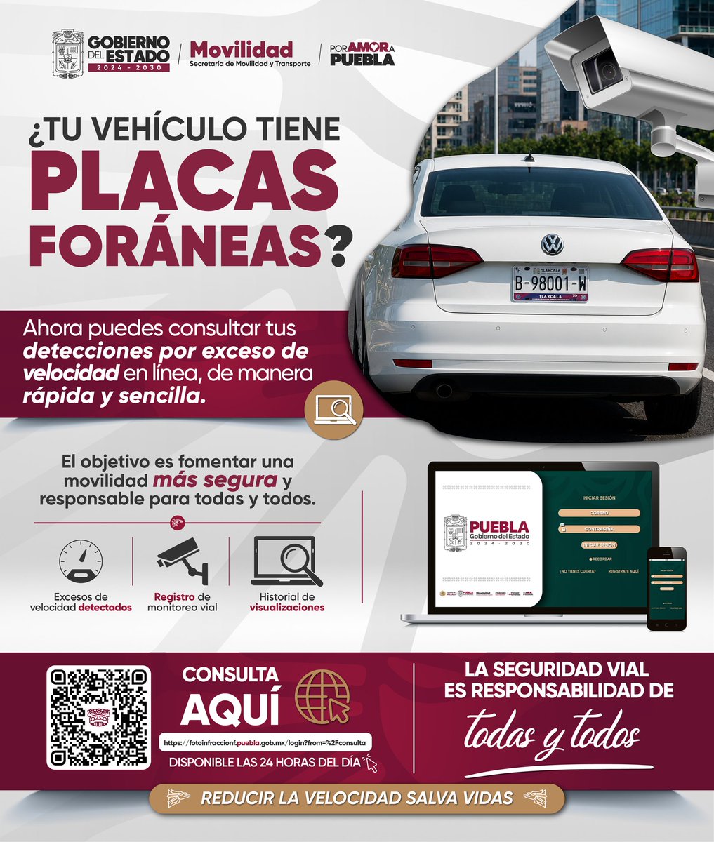 MTGobPue's tweet photo. La consulta en línea para vehículos con placas foráneas se encuentra disponible para que puedas revisar si cuentas con detecciones por exceso de velocidad. 🚗 
Este servicio facilita el acceso a la información y promueve una conducción más responsable en las vialidades del estado.

Consulta aquí: https://t.co/3JBHszBeT4

#PorAmorAPuebla