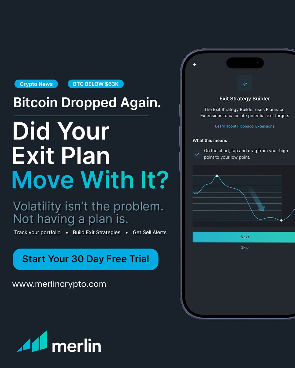 getmerlincrypto's tweet photo. Bitcoin is below $63K again.

The market isn’t asking if you’re bullish or bearish.

It’s asking one question:

Do you have an exit plan?

The best investors don’t make decisions in the moment—they make them before the moment arrives.

Merlin’s Exit Strategy Builder helps you set data-driven profit targets using Fibonacci extensions, so you’re following a plan instead of your emotions.

If Bitcoin jumped 20% tomorrow, would you know exactly where to take profits? 📈

#Bitcoin #Crypto #Investing #MerlinCrypto