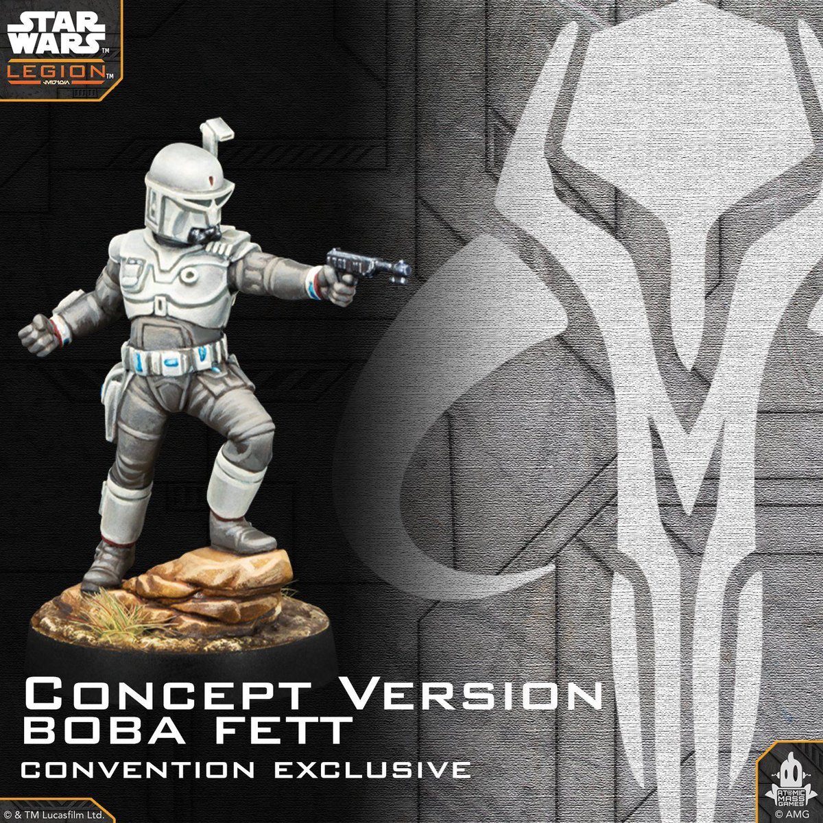 bobafettfanclub's tweet photo. .@AtomicMassGames just revealed a new con exclusive "Concept Version" #BobaFett for #StarWars: Legion 

"Special resin sculpt, two helmet options, and foil game cards ... [a]vailable at Gen Con and select future conventions [in] 2026," notes their official announcement https://t.co/g9UNWno2iF