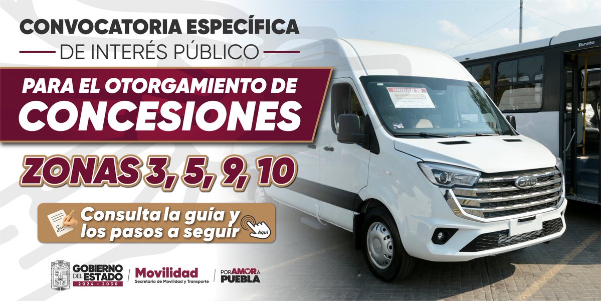 MTGobPue's tweet photo. Como parte del Plan Integral de Movilidad Urbana y del Programa de Actualización, Regularización y Reordenamiento del Transporte Público, el @Gob_Puebla, encabezado por el gobernador @armentapuebla_, publica la convocatoria para el otorgamiento de concesiones en las zonas 3, 5, 9 y 10.
 
Este proceso fortalece la legalidad en el transporte público y contribuye a mejorar la calidad del servicio, con prioridad en la seguridad, eficiencia y bienestar de las y los poblanos.    

Consulta la guía, requisitos y pasos: https://t.co/L4Fnl0fkv4 

#PorAmorAPuebla
