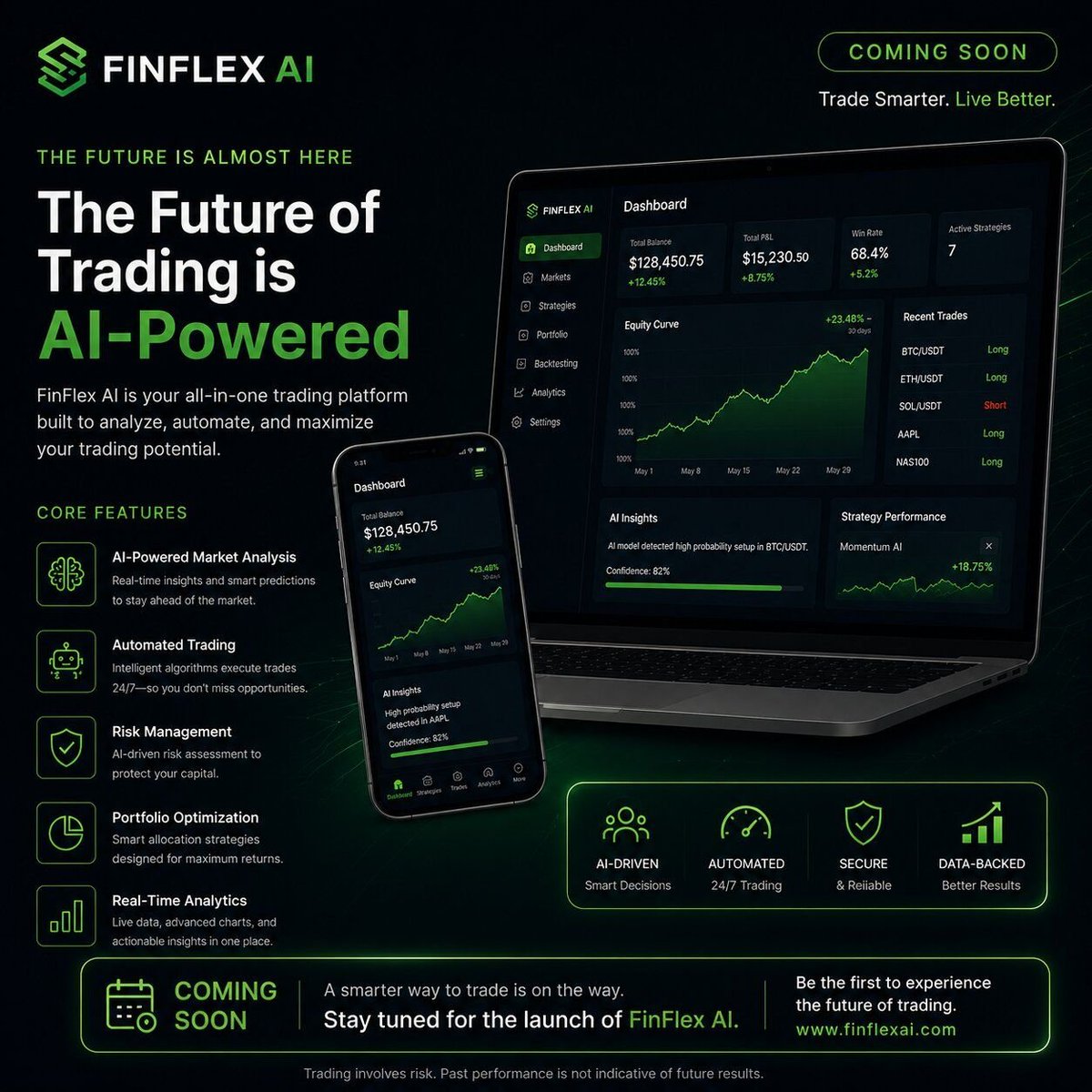 FINFLEXAI's tweet photo. 🚀 Coming Soon | Introducing FINFLEX AI
The future of intelligent trading is almost here.
We're building FINFLEX AI-an AI-powered trading platform designed to help traders and investors analyze markets, automate execution, and manage risk with greater efficiency.
#WealthTech#pune https://t.co/0DsOa9eyQT