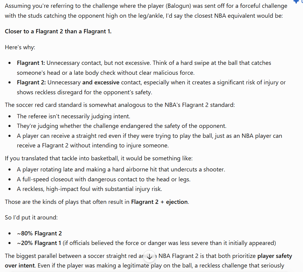 darenmannn's tweet photo. I've heard many people debating about the Balogun red card this past week after the match with BIH @W0rld2026 . So I asked @ChatGPTapp, @claudeai, and @GeminiApp for help putting it to bed. 2/3 said it would be equivalent to a Flagrant Penalty 1 in the @NBA https://t.co/WSvVZYBuXG