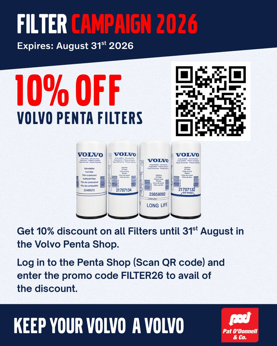 PODMachines's tweet photo. Keep your Volvo a Volvo 🔧⚓
Get 10% off all Volvo Penta filters until 31st August 2026.
Simply scan the QR code, log in to the Volvo Penta Shop and enter promo code FILTER26 at checkout.
#VolvoPenta #VolvoPentaShop #MarineEngine #MarineMaintenance https://t.co/e1s87MW3m6