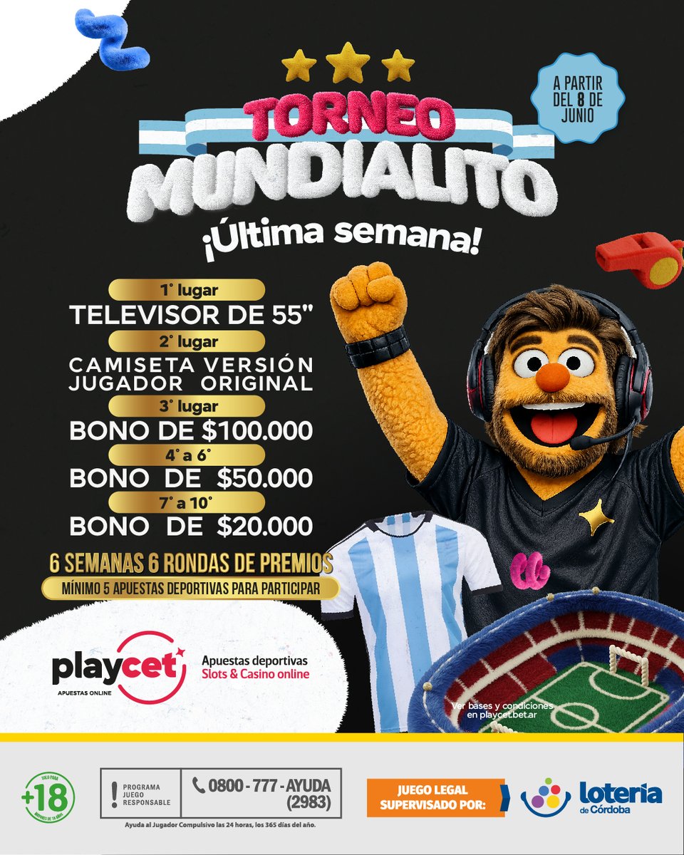 playcetok's tweet photo. 🌎🏆 Hay premios que se miran.
Y premios que se juegan.
En el Mundialito de Playcet, cada fecha te acerca a recompensas que hacen la diferencia. 🔥
📺 TV 55”
👕 Camiseta Oficial de la Selección
🎒 Merch AFA + Playcet
💸 Bonos para apuestas deportivas
Todavía quedan oportunidades para meterte en la pelea.
⚽ ¿Vas a mirar el torneo o vas a competirlo?
📣 Jugá responsablemente, juego legal supervisado por Lotería. +18.