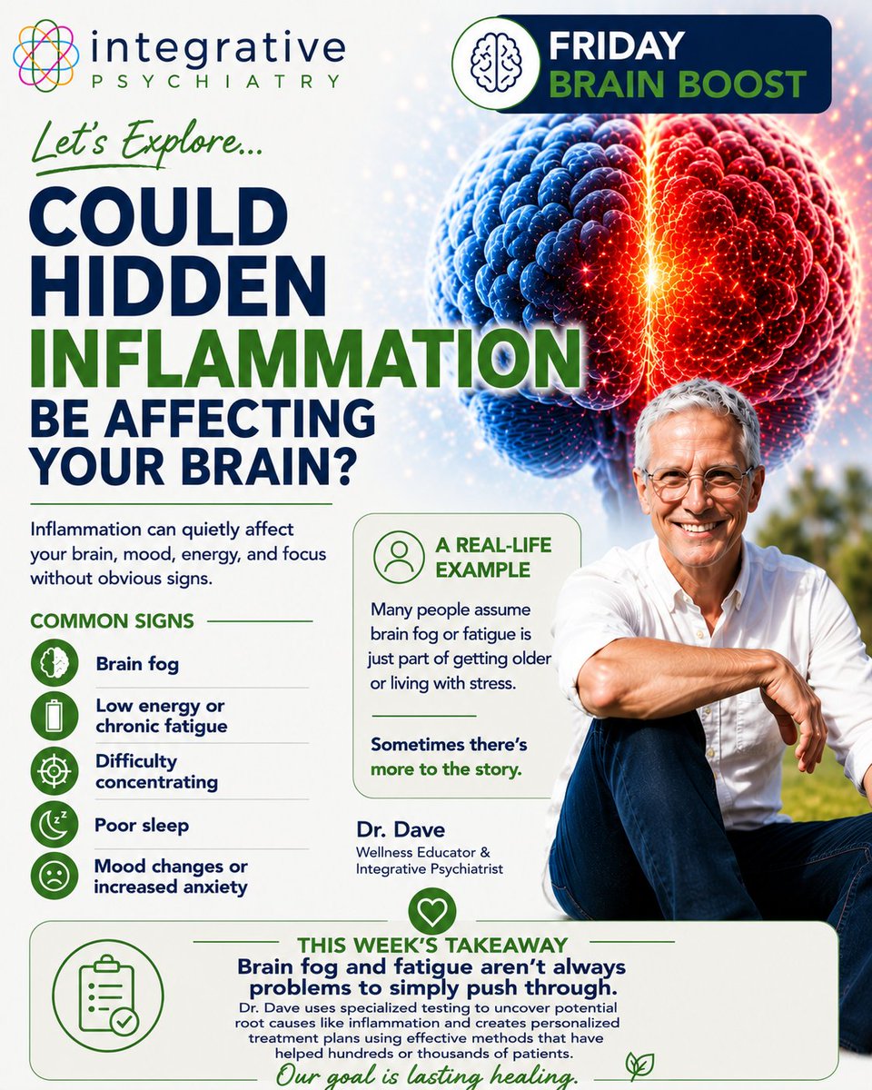 ntegrativepsyc's tweet photo. 🧠 Friday Brain Boost
Hidden inflammation may be affecting your brain, energy, mood, and focus.

📞 (800) 385-7863
📧telehealth@integrativepsychiatry.net

📅Schedule your personalized consultation:
https://t.co/gS82V4Jelg

#BrainHealth #FridayBrainBoost #Sarasota #Florida #USA https://t.co/2VGsHC9JAU