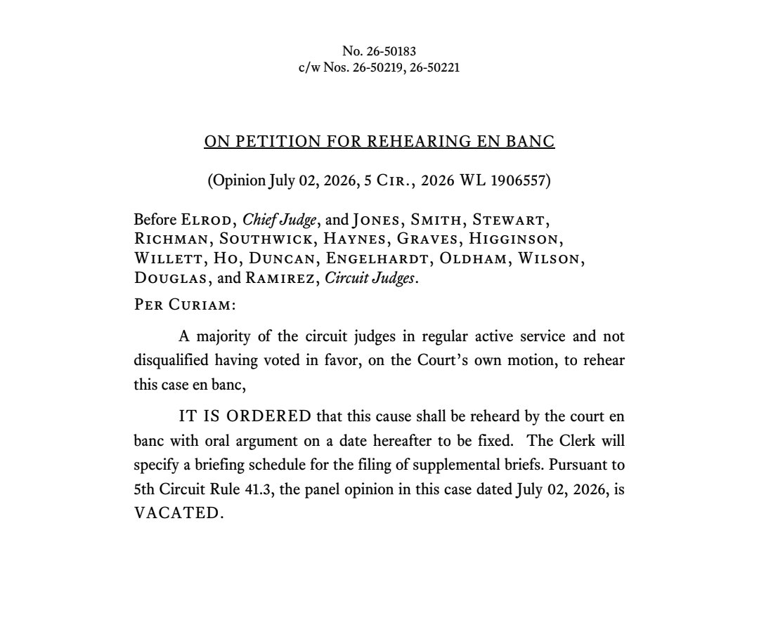 scotus_wire's tweet photo. 🚨 The Fifth Circuit has vacated, sua sponte, a panel's ruling requiring bond hearings for certain longtime undocumented immigrants held under the federal mandatory-detention statute. The matter will be reheard before the full bench. https://t.co/nT2bDp4bbk