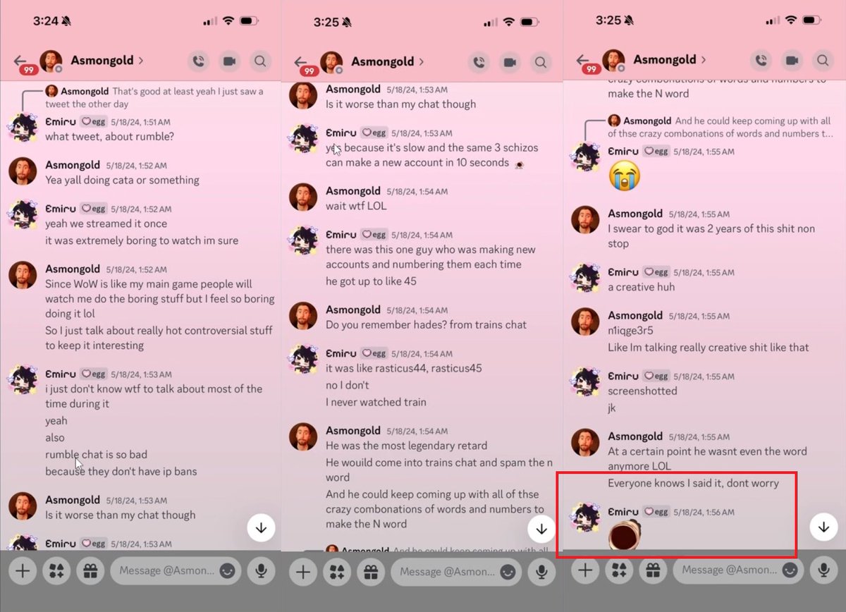 AgoraPirate's tweet photo. Emiru claims the DMs was missing context, when in reality:

1. She took the screenshot herself (two-faced Asmon) and sent it to Mizkif, so technically she was the one who hid the context to Mizkif.

2. Asmongold still admitted to saying the N-word, and she's laughing about it. https://t.co/zolAAK7AZ0