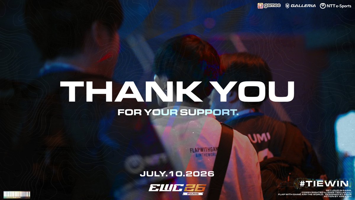 TIECLAN_'s tweet photo. 🟦APEX LEGENDS GLOBAL SERIES YEAR6🟦
🔺Split 1 Playoffs Survivor Stage🔺

☑️RESULT 
───  17th PLACE ───
2026.7.10(FRI) 22:30(JST)-

沢山のご声援、本当にありがとうございました‼️
TIEのパリでの挑戦はここで幕を閉じることとなりました。大舞台で最後まで戦い抜いた選手たちへ、これからも引き続き温かい応援をよろしくお願いいたします！

📜ROSTER

Ftyan @_Ftyan
Umi @UmichanLoveti
Pinotr @Pinotr_

📣COACH
L1ng @L1ng_ftw

#TIEWIN #TIEWIN #TIEWIN