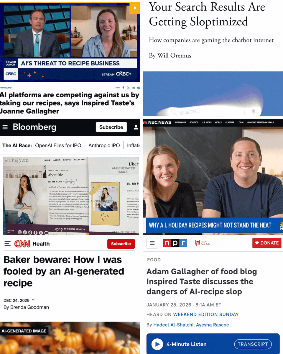 inspiredtaste's tweet photo. For 16 years, Joanne and I have been dedicated to creating trusted, easy-to-follow recipes to help home cooks feel confident and excited in the kitchen. The recipes you’ll find on Inspired Taste reflect how we truly cook at home.

Since the introduction of Artificial Intelligence, AI generated recipes are finding their way into every corner of the internet, and since we care deeply about our readers’ success in the kitchen, we’ve been speaking out about it. 

For the open web to survive, publishers need clicks or compensation. Right now, far too much of the internet is misleading and flooded with AI content competing with human creators. To AI companies: strip-mining the web for your own gain is not the answer. Human-trusted, creative works should be prioritized, not replaced. 🔗https://t.co/a1fbH3tR7L