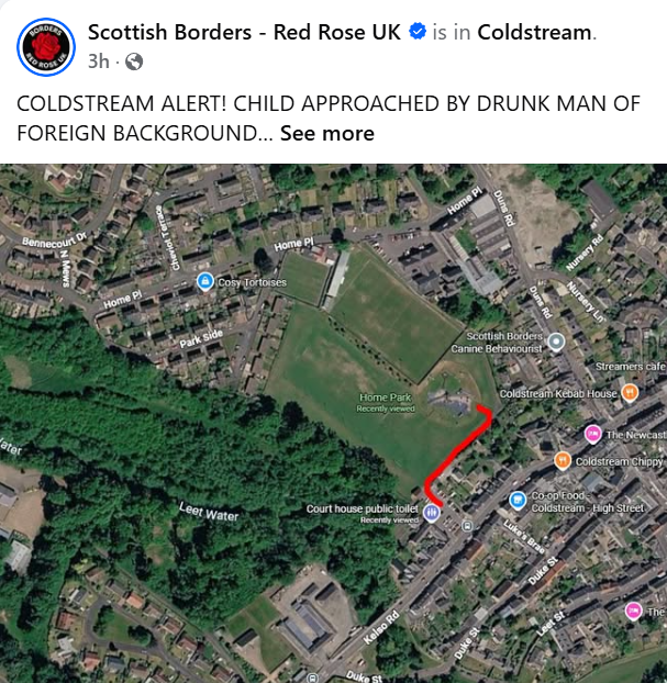 EndMassMigrate's tweet photo. Migrants have been hanging around the children's park in Coldstream, a historic market town in the Scottish borders.

Today, one attempted to force a child to drink from a bottle he was holding.

Our children won't be safe until every last one of these savages has been deported. https://t.co/ES6TTX4kLz