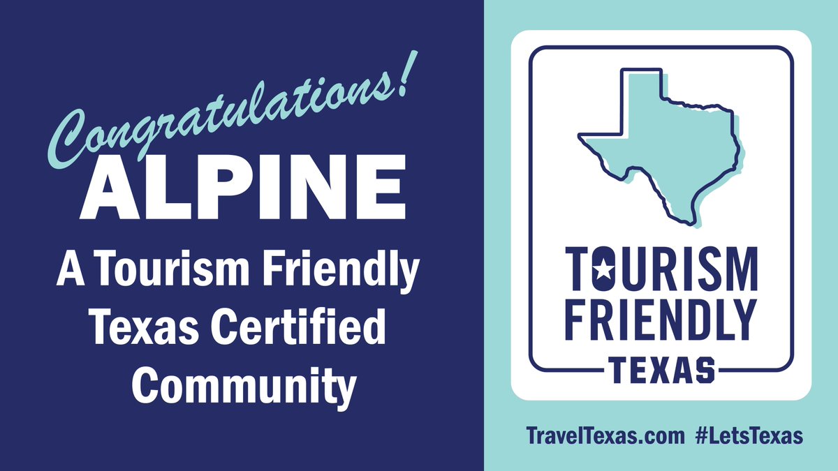 TexasEconDev's tweet photo. Congratulations to Alpine on being designated a Tourism Friendly Texas Certified Community! 
 
Alpine joins a select group of Texas communities as a Triple-Crown Winner with Film Friendly Texas, Music Friendly Texas and Tourism Friendly Texas Certified Community designations. Read more: https://t.co/O30M2s81By