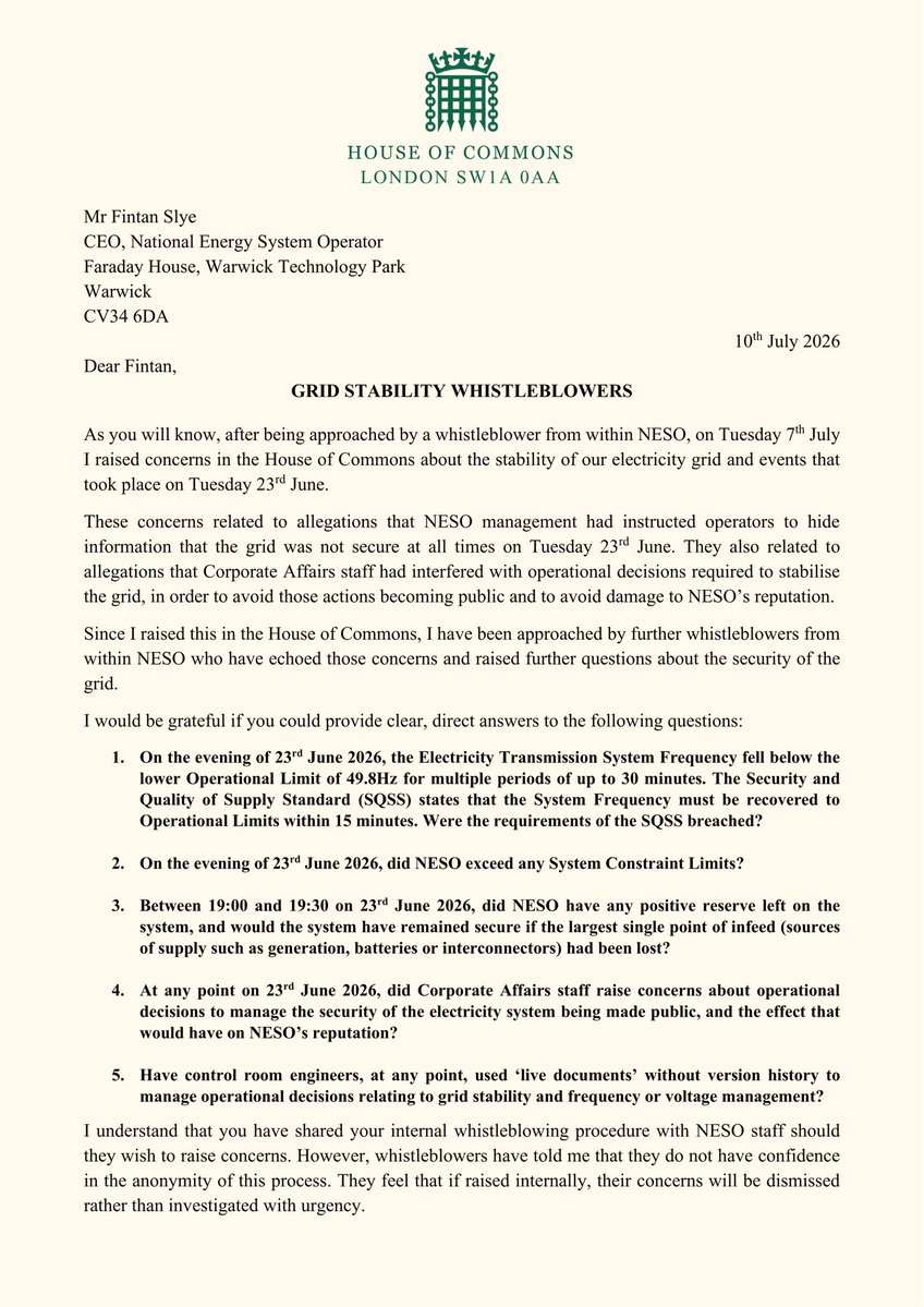 ClaireCoutinho's tweet photo. I have been contacted by more whistleblowers within our grid operator.

They allege the electricity grid is not being run securely, which increases the risk of blackouts, with a particularly severe event on 23rd June.

This information is also allegedly being hidden from the public.

This morning NESO refused to deny that Corporate Affairs staff had interfered in operational decisions to avoid reputational damage.

These whistleblowers are coming to me because they are worried that the grid is becoming unmanageable and they do not have faith that their concerns are being taken seriously.

I have written to the CEO of NESO asking them to bring in an independent external investigator to interview control room engineers so that we can find out the truth about what happened on the evening of 23rd June.