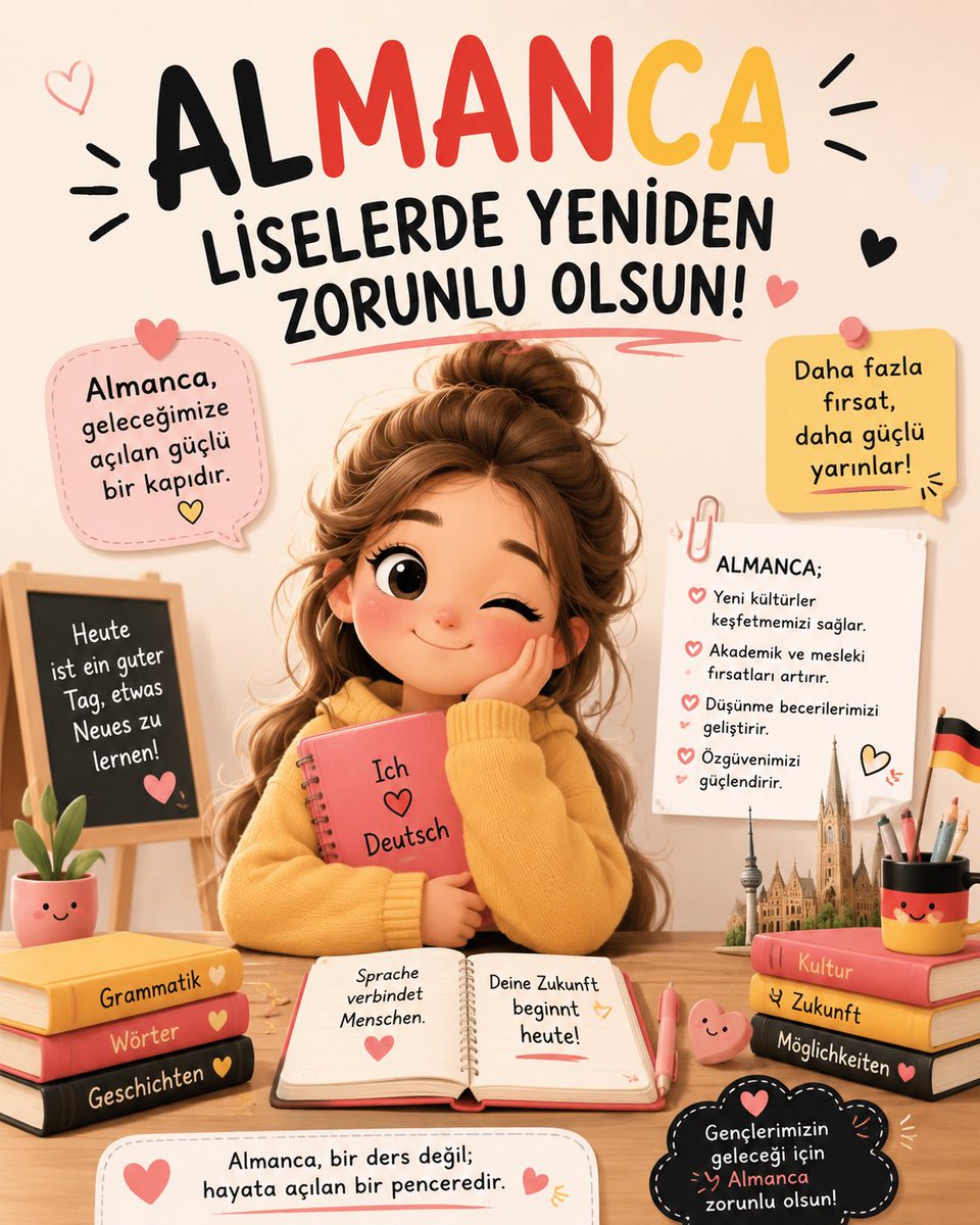 EsraTanogluu's tweet photo. #AlmancaZorunluOlsun 
Güçlü eğitim sistemleri, öğrencilerine yalnızca bugünün değil yarının becerilerini de kazandırır. Almanca öğretiminin güçlendirilmesi bu hedefe katkı sağlayacaktır.
@CBegitimogretim  @meb_ttkb https://t.co/WZ6QRVIZ6s