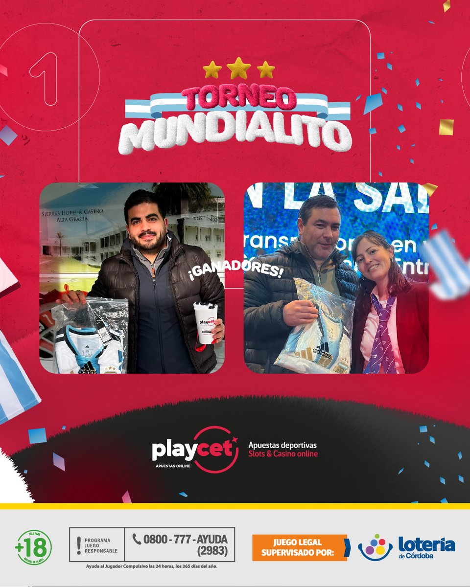 playcetok's tweet photo. Durante el Mundial entregamos más de 20 camisetas oficiales a través de sorteos, torneos y acciones especiales. 

Gracias a todos los que participaron y fueron parte de esta experiencia. 🙌 📷 

Deslizá para conocer a algunos de los ganadores.  📷 Seguinos en instagram, activá las notificaciones y no te pierdas las promociones y sorpresas que largamos!  📷 

Jugá responsablemente. Juego legal supervisado por Lotería de Córdoba. +18. 📣