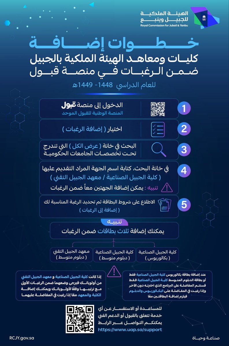 RCJY_Jubail's tweet photo. تنويه| للراغبين بالتقديم في كليات ومعاهد الهيئة الملكية بالجبيل، يُرجى إضافة رغباتكم عبر منصة «قبول» باختيار إضافة الرغبات ثم البحث عن كلية الجبيل الصناعية أو معهد الجبيل التقني وإضافة البطاقة المناسبة وفق أولوياتكم.

للتفاصيل، يُرجى الاطلاع على المرفق.

#تعليم_الجبيل_الصناعية https://t.co/eDSawwWYNx