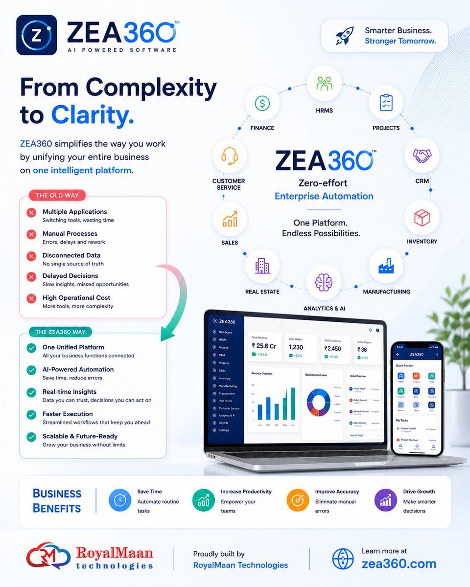 zea360official's tweet photo. From Complexity to Clarity.
One Platform. One Source of Truth. Unlimited Possibilities.
🌐 https://t.co/PhzmLitgZx
#ZEA360 - Zero-effort Enterprise Automation.
#ZEA360 #AIPoweredSoftware #EnterpriseSoftware #ERP #CRM #BusinessAutomation #ArtificialIntelligence #CloudERP https://t.co/er7YUYNqj3