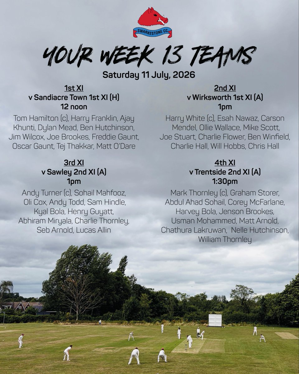 SwarkestoneCC's tweet photo. Saturday plans…

😎
🏏
🥵
⚽️
🍕 
🥳  (🤞🏻)
🍻

Here’s your week 1️⃣3️⃣ #SwarkyBoars🐗 teams https://t.co/lKiMbyPOey