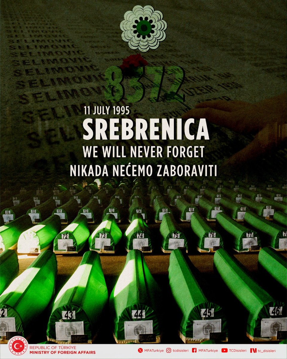 MFATurkiye's tweet photo. We commemorate with deep respect our Bosniak brothers and sisters who were martyred 31 years ago during the Srebrenica Genocide, a dark stain in humanity’s history. We have not and will not allow this genocide to be forgotten.

Još jednom oštro osuđujemo genocid u Srebrenici na 31. godišnjici obilježavanja. S rahmetom spominjemo šehide, dijelimo bol njihovih porodica. Da se nikada ne ponovi i ne zaboravi!
