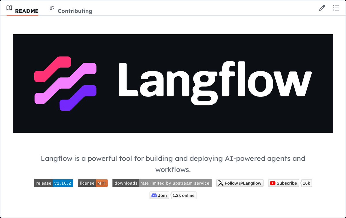 GithubProjects's tweet photo. Langflow provides a visual builder for creating AI workflows that can be deployed as APIs or MCP servers.

- Visual interface with interactive playground for testing and refinement
- Built-in API and MCP server deployment for every workflow
- Multi-agent orchestration with conversation management and retrieval
- Enterprise-ready security and observability integrations

Explore it here:
https://t.co/QHzp8HyyZb