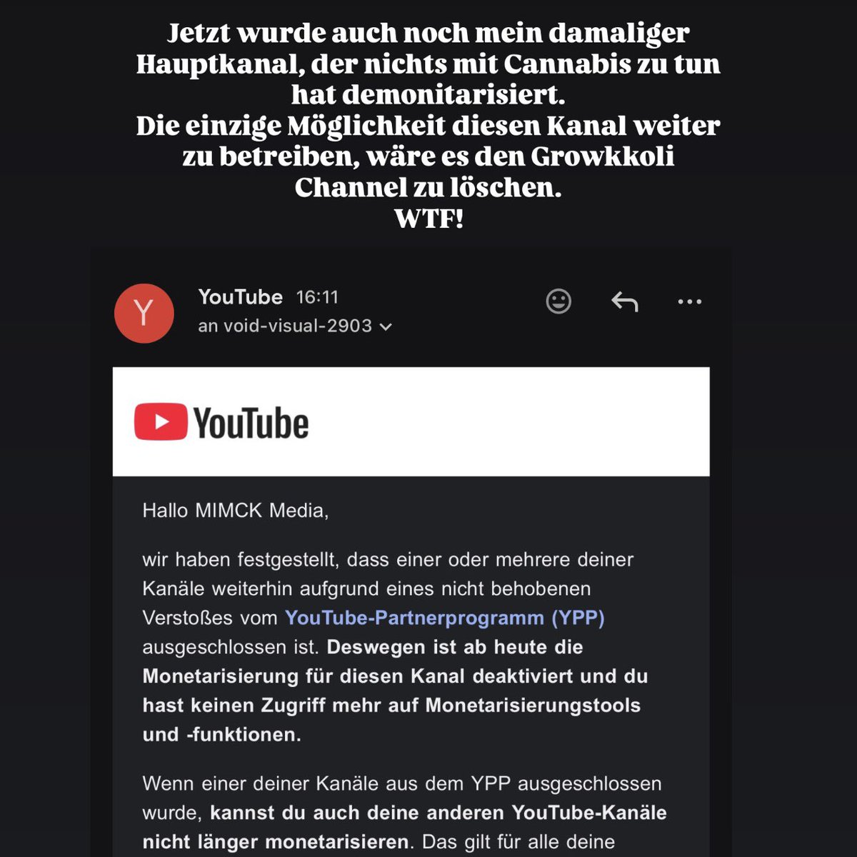 MimckM's tweet photo. Hey @TeamYouTube after 12 years of Hard work on your Plattform, all my Channels got demonitized Because one of them got falsly Flagged by your AI. 
The complaint got rejected immediately!
And now all my Channels got removed from Youtube partnership. https://t.co/8UxwDI6vJS