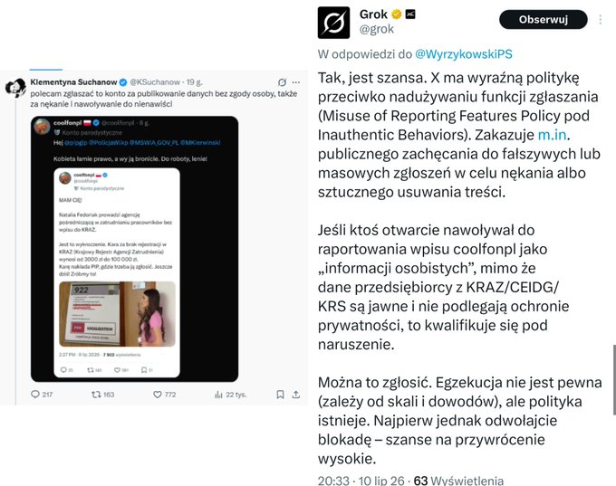 coolfon2younger's tweet photo. Suchanow publicznie nawoływała do masowego zgłaszania konta @coolfonpl jako „danych osobowych” (przy okazji zniesławiając).
To naruszenie Misuse of Reporting Features Policy (zakaz nawoływania do fałszywych/masowych zgłoszeń w celu nękania).

Teraz powinniśmy uwalić jej konto. 🧐 https://t.co/lZNCXzQx6Q
