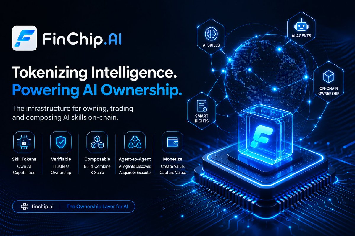 TraderDanfx's tweet photo. AI skills used to live in silos, scattered across repos, hard to find, impossible to price and owned by no one but the platform hosting them.

@finchip_ai changes that.

Every skill becomes a Chip, an ERC-1155 token that carries ownership, pricing, and access rights on-chain. 

✅Mint it.

✅List it. 

✅Get paid every time an agent calls it.

FOR BUILDERS:

— Package your skill as an API-native Chip

— Set your price, license and chain

— Earn royalties automatically, on every install and every call

— No platform can revoke, delist or reprice your work

FOR USERS & AGENTS:

— Browse a curated market of production-ready skills

— Install with one click or one API call

— Pay per use — transparent, on-chain, no subscriptions

— Agents discover and invoke through a standard interface, zero integration overhead

Skills aren't just services anymore.

They're assets: ownable, tradable, composable.

The agent economy needs financial infrastructure. @finchip_ai is building it.

Publish a Chip → https://t.co/iFdph29jPl

Browse the market → https://t.co/3ZurXRUby2
