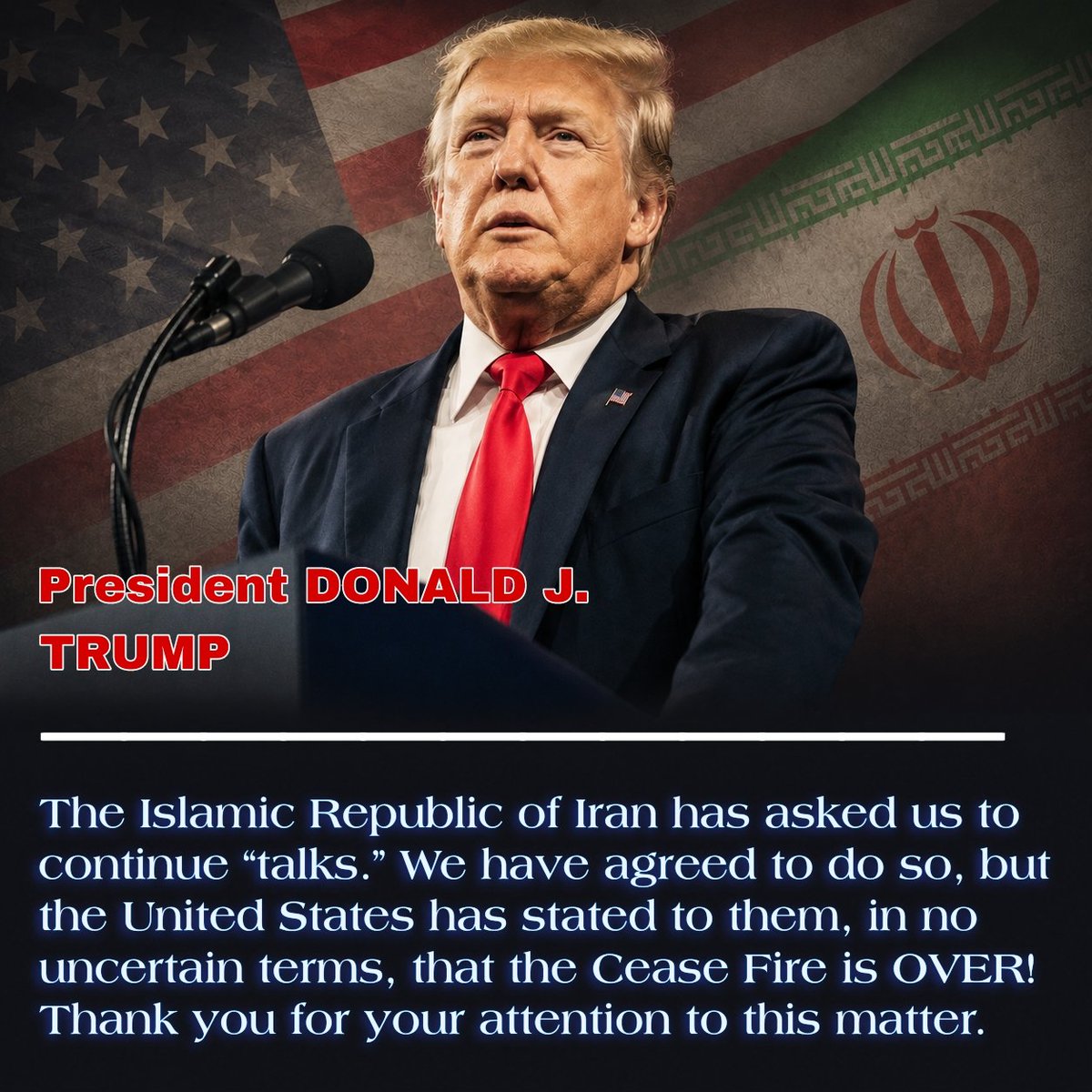 MELIKARESTART's tweet photo. پرزیدنت ترامپ :

جمهوری اسلامی ایران از ما خواسته است که به «مذاکرات» ادامه دهیم. ما با این کار موافقت کرده‌ایم، اما ایالات متحده به صراحت به آنها اعلام کرده است که آتش‌بس پایان یافته است! 
از توجه شما به این موضوع متشکرم.

https://t.co/MkWvXblAvb https://t.co/3WLun70Yi3