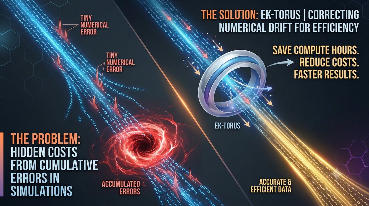 JHayes913's tweet photo. Every simulation makes tiny errors. One doesn't matter. Millions do.
This "numerical drift" silently drains your GPU hours, balloons budgets, and delays results.
EK-TORUS runs alongside your software, correcting drift in real-time to slash compute costs.
#HPC #Simulation #EKTorus https://t.co/OMI7YwXKLs