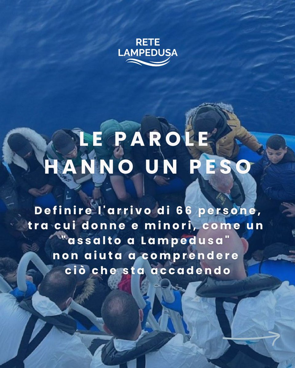 bartolopietro1's tweet photo. Le parole hanno un peso. Chiamare "assalto" l'arrivo di 66 persone, tra cui donne e minori, alimenta paura invece che comprensione. Non sono una minaccia: sono persone in fuga da guerre e povertà. Scegliamo parole che costruiscono ponti, non muri.  #ReteLampedusa #restiamoumani https://t.co/fyn8iqkXBP
