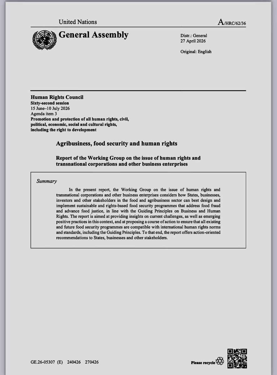 DrCynthiaChisom's tweet photo. I am happy to share that the written input I led on behalf of the @rights_centre has been officially published and extensively cited in the latest @UN_HRC United Nations Human Rights Council Report on Agribusiness, Food Security and Human Rights (A/HRC/62/36).

It is rewarding to see my recommendations reflected in the report, particularly under Pillar I: The State Duty to Protect Human Rights.

The full report is available here:  https://t.co/zFNJVDWoV2

Thank you @WGBizHRs 
@UN
