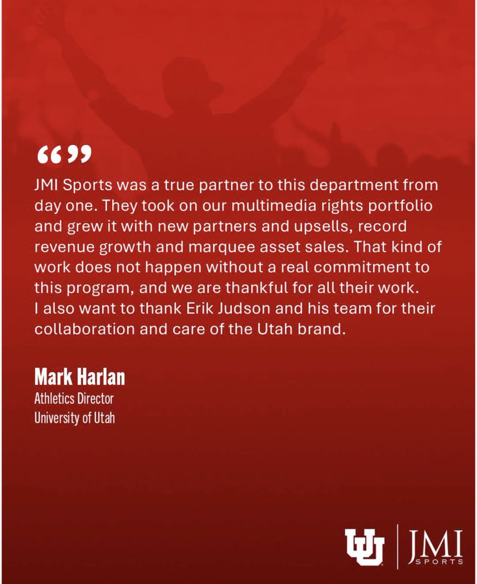 MarkHarlan_AD's tweet photo. Thanks to Erik Judson and the tremendous team with @JMISports for their great collaboration and care of the Utah brand in the two years of our partnership. We wish them the best going forward.

https://t.co/eRjexMXVOQ https://t.co/5UeDaaXR2x